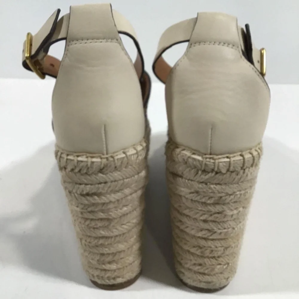 Women’s Tory Burch Cream Leather Espadrille Wedge Platform Sandal Size 7.5M